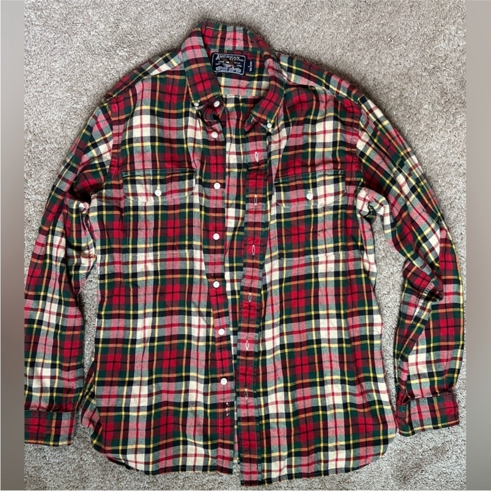 American Living Red Green Plaid Flannel Button-Down Shirt | Size Large